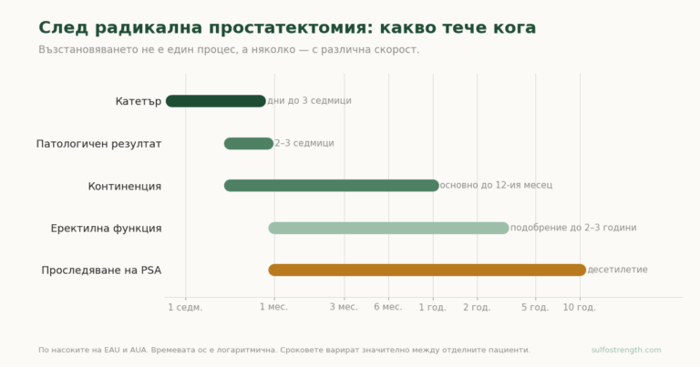 Времева рамка на възстановяването след радикална простатектомия — катетър, патологичен резултат, континенция, еректилна функция и проследяване на PSA.