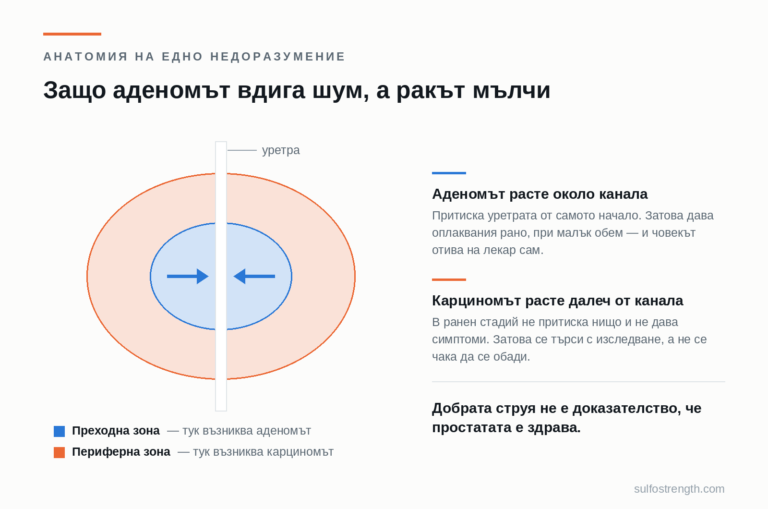 Схема на простатата: преходната зона около уретрата, където възниква аденомът, и периферната зона, където възниква карциномът
