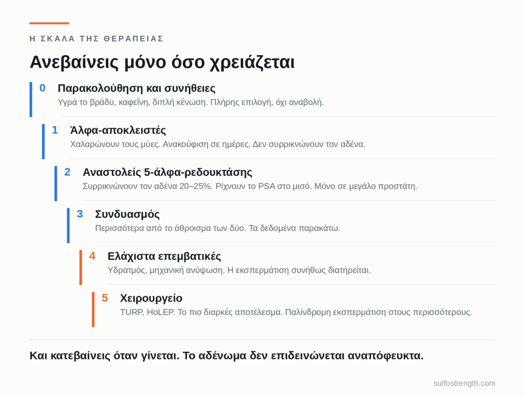 Τα έξι σκαλιά της θεραπείας του αδενώματος προστάτη — από την παρακολούθηση ως το χειρουργείο